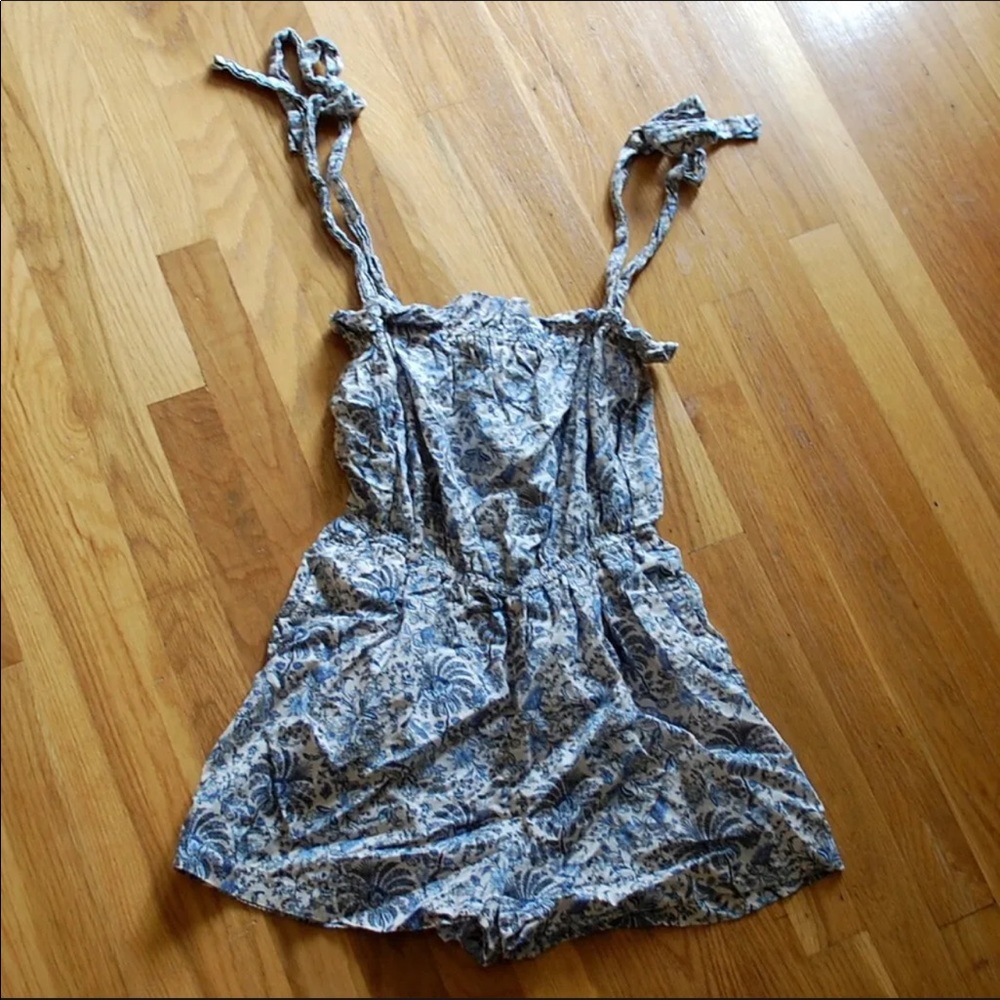 H&M Womens Romper White Blue Floral Smocked Waist Tie Shoulder